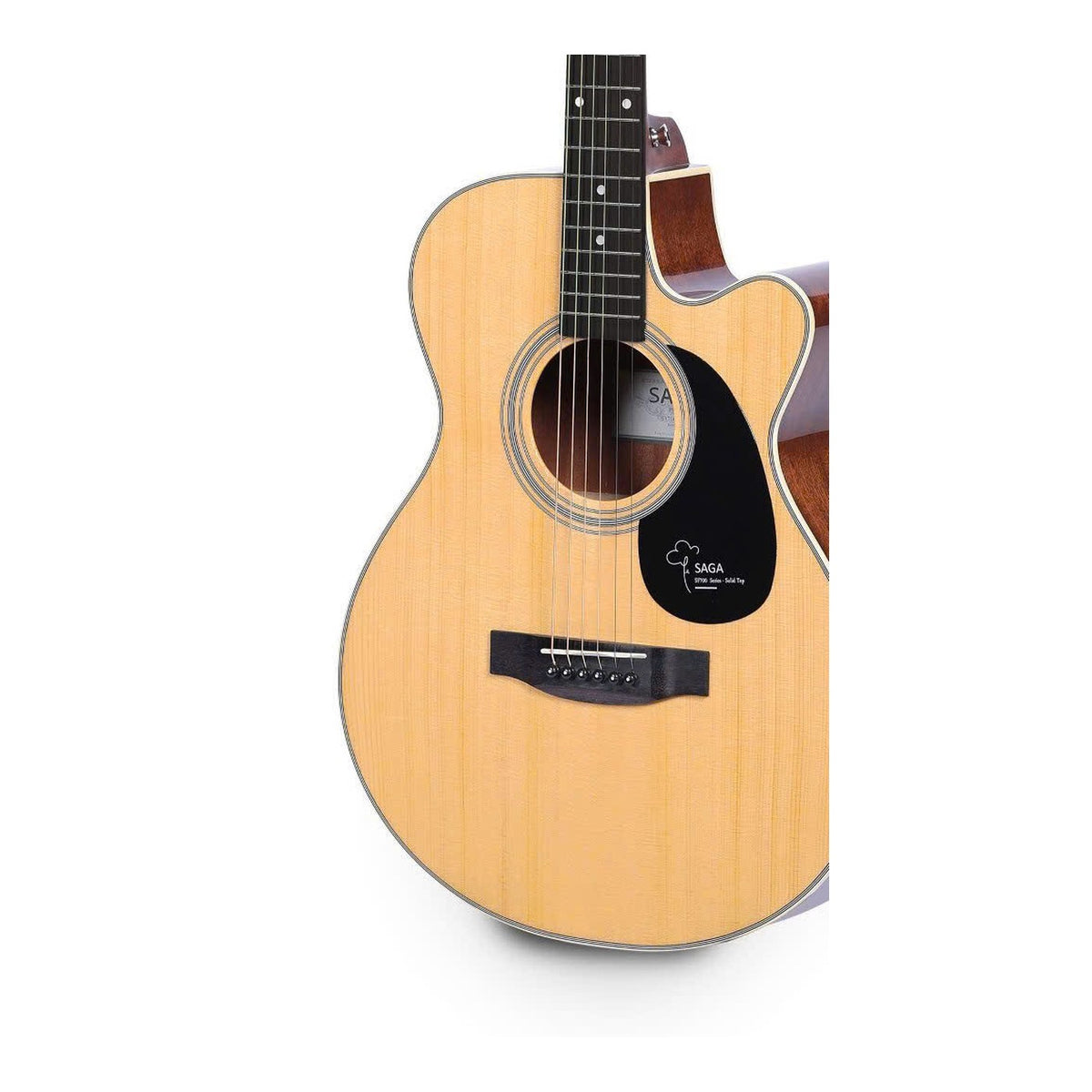 Cận cảnh thùng đàn guitar Saga SA700C Pro màu Natural: mặt vân sam sấy nhiệt, ngựa gỗ cẩm lai