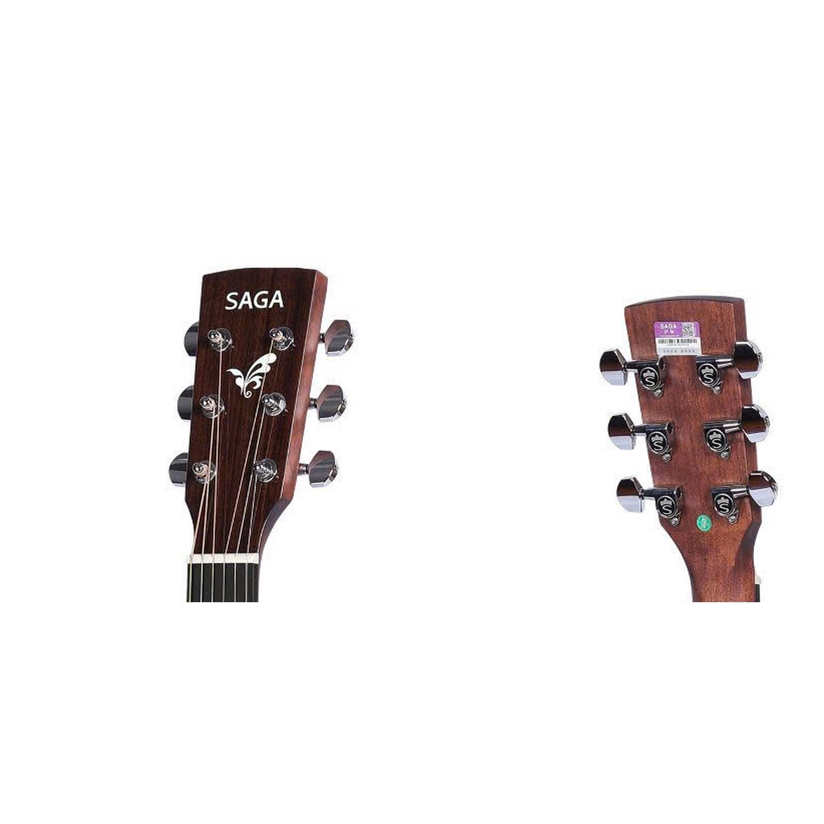 Đầu đàn guitar Saga SA700C Pro với logo Saga, bộ khóa đúc chrome kín, mặt trước và sau