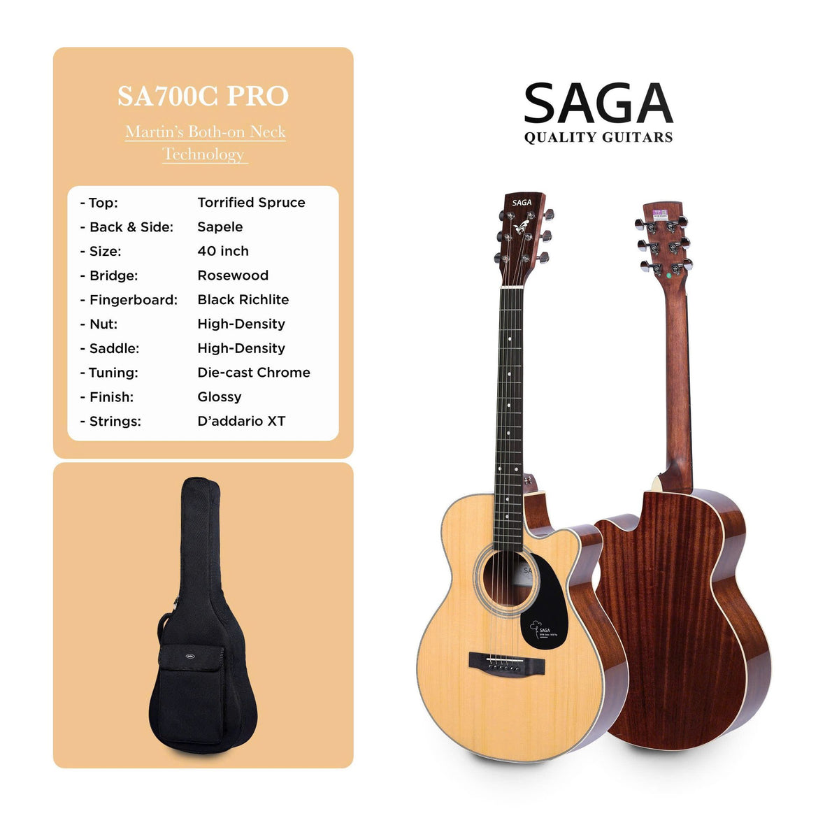 Bảng thông số kỹ thuật đàn guitar acoustic Saga SA700C Pro màu Natural do hãng công bố