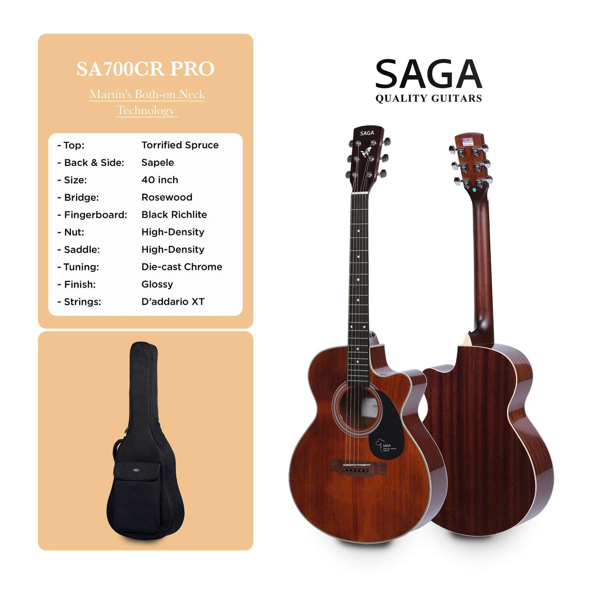 Bảng thông số kỹ thuật đàn guitar acoustic Saga SA700CR Pro màu CR do hãng công bố