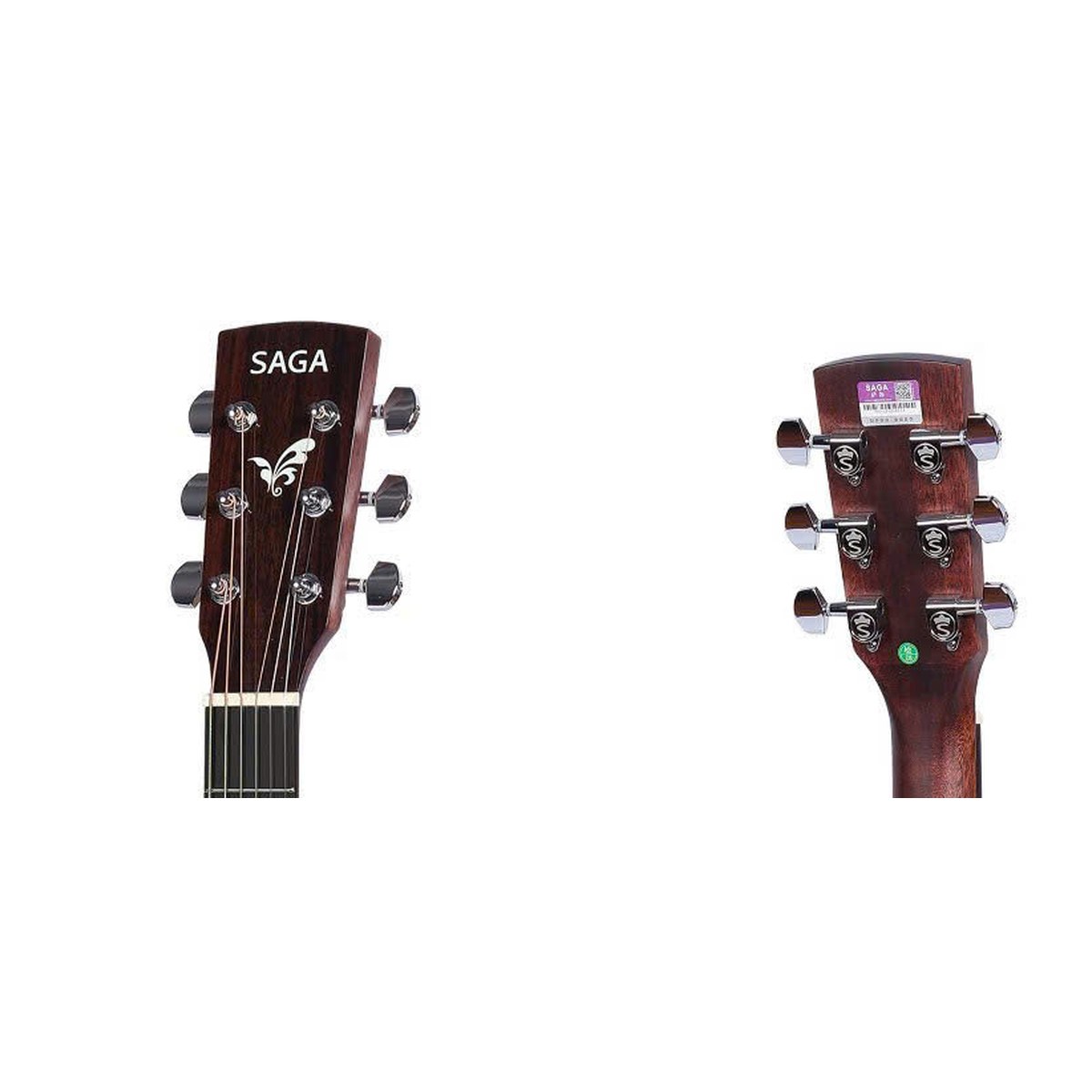Đầu đàn guitar Saga SF700C Pro với logo Saga, bộ khóa đúc chrome kín, mặt trước và sau