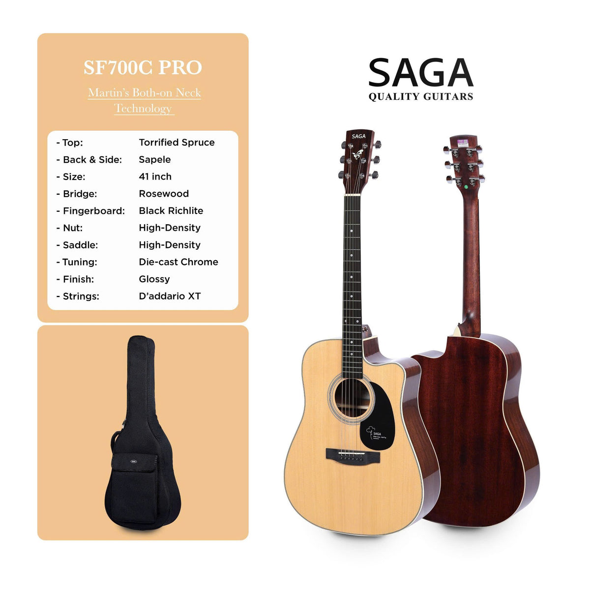 Bảng thông số kỹ thuật đàn guitar acoustic Saga SF700C Pro màu Natural do hãng công bố