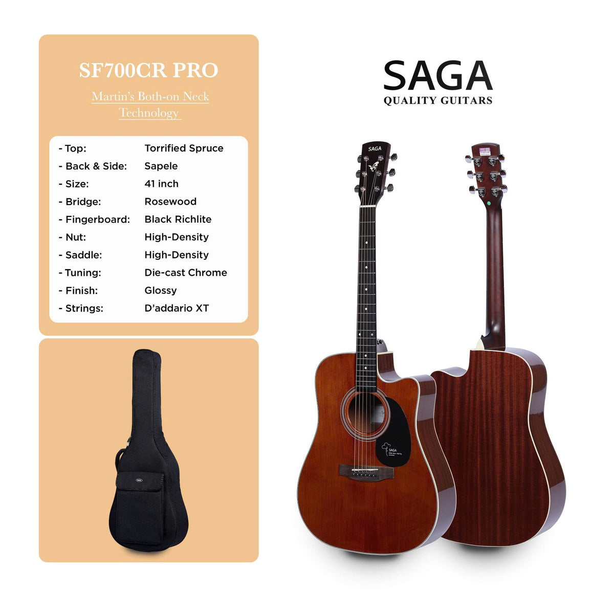 Bảng thông số kỹ thuật đàn guitar acoustic Saga SF700CR Pro màu CR do hãng công bố