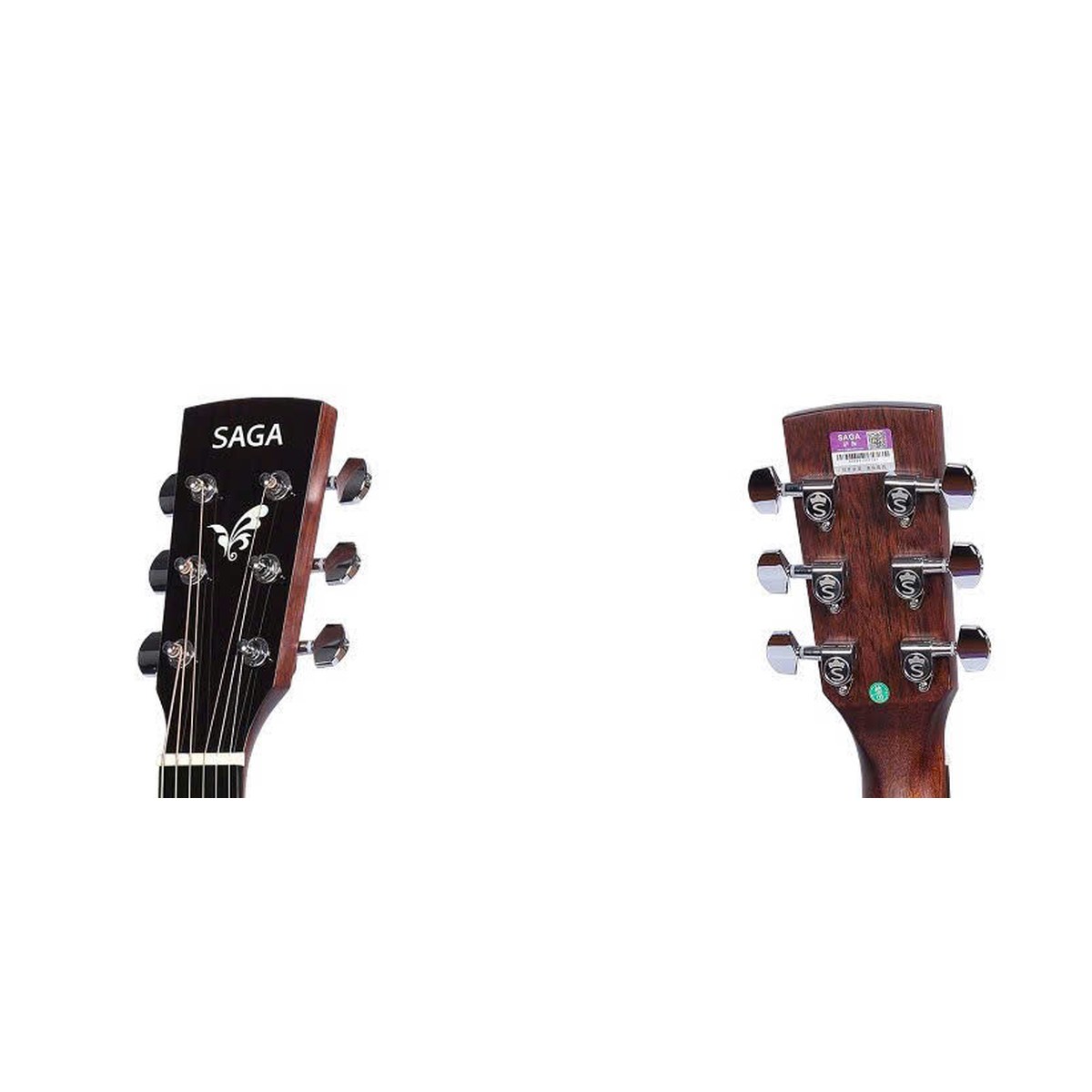 Đầu đàn guitar Saga SF700GC Pro với logo Saga, bộ khóa đúc chrome kín, mặt trước và sau