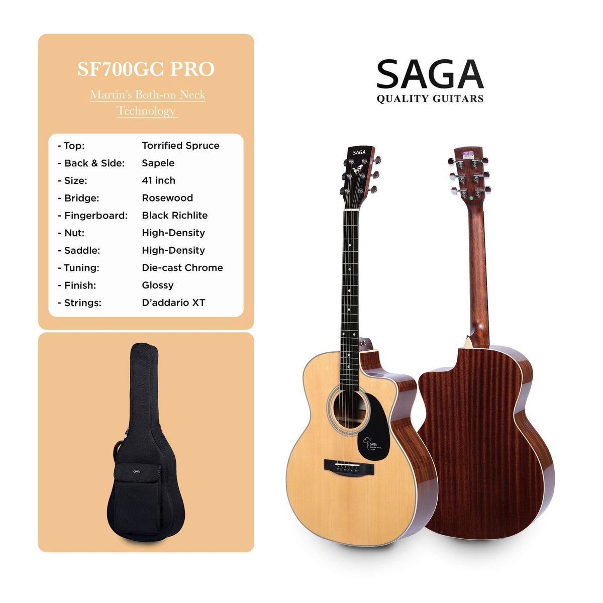 Bảng thông số kỹ thuật đàn guitar acoustic Saga SF700GC Pro màu Natural do hãng công bố