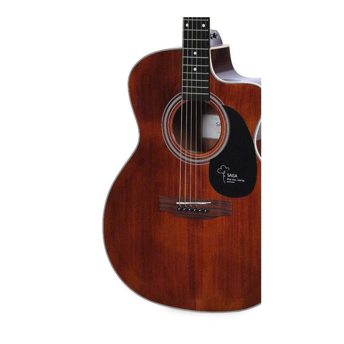 Cận cảnh thùng đàn guitar Saga SF700GCR Pro: mặt vân sam nhuộm nâu đỏ vintage, ngựa gỗ cẩm lai