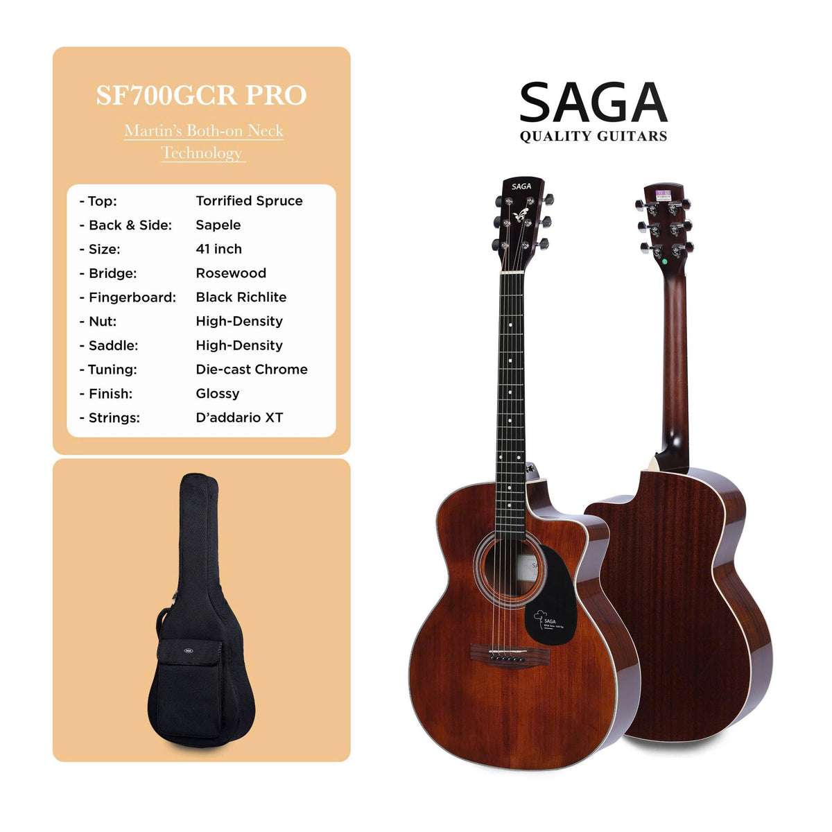 Bảng thông số kỹ thuật đàn guitar acoustic Saga SF700GCR Pro màu CR do hãng công bố