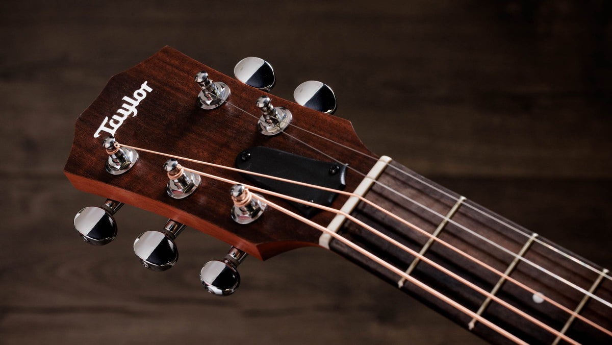 Đàn guitar acoustic Taylor Jacob Collier GS Mini 5-String màu Custom Art – cận đầu đàn và logo Taylor