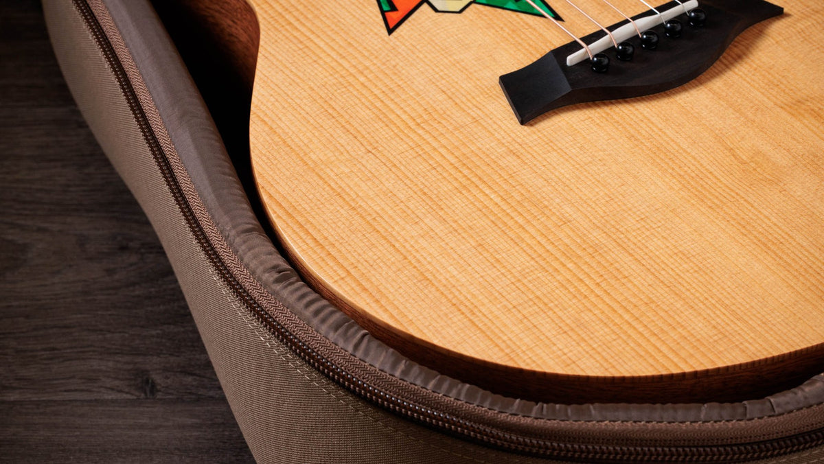 Đàn guitar acoustic Taylor Jacob Collier GS Mini 5-String màu Custom Art – cận lỗ thoát âm và ngựa đàn
