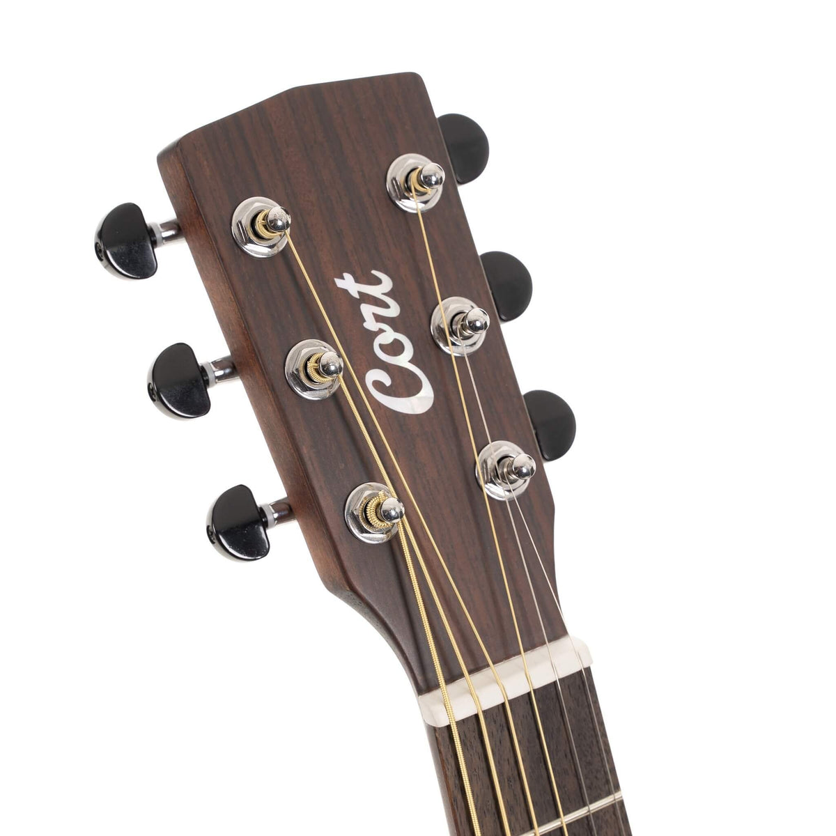 Đàn guitar acoustic thông minh Cort Earth GO màu Open Pore Brown Burst – cận đầu đàn và logo Cort