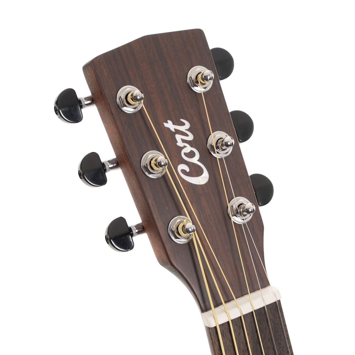 Đàn guitar acoustic thông minh Cort Earth GO màu Open Pore – cận đầu đàn và logo Cort