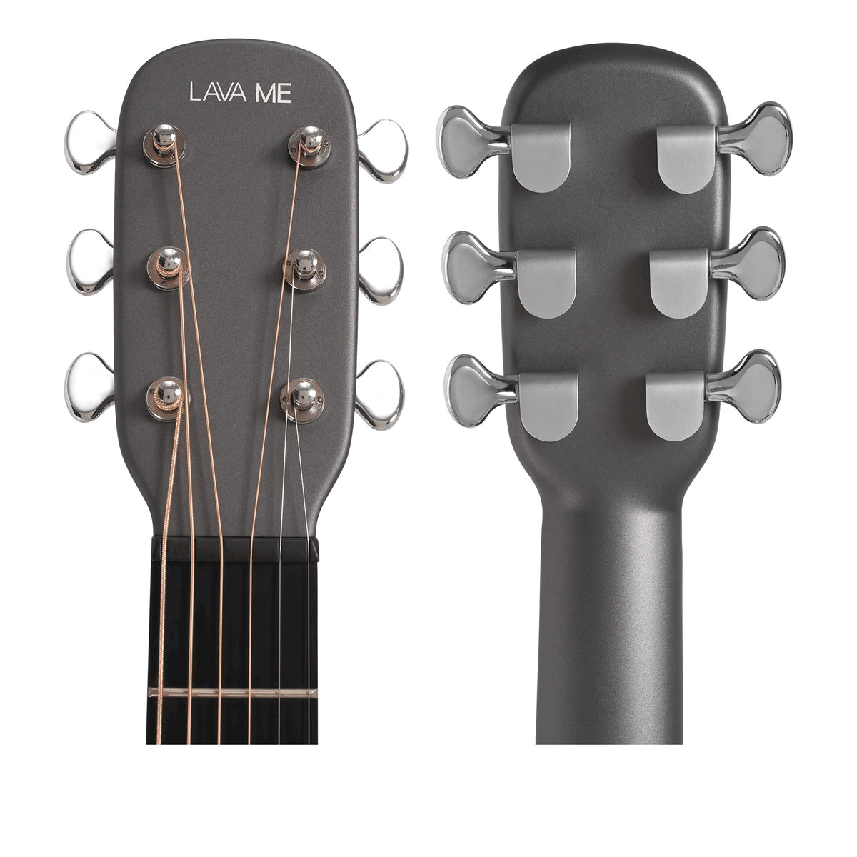 Đàn guitar acoustic thông minh Lava Me 3 màu Space Gray – cận đầu đàn và logo Lava