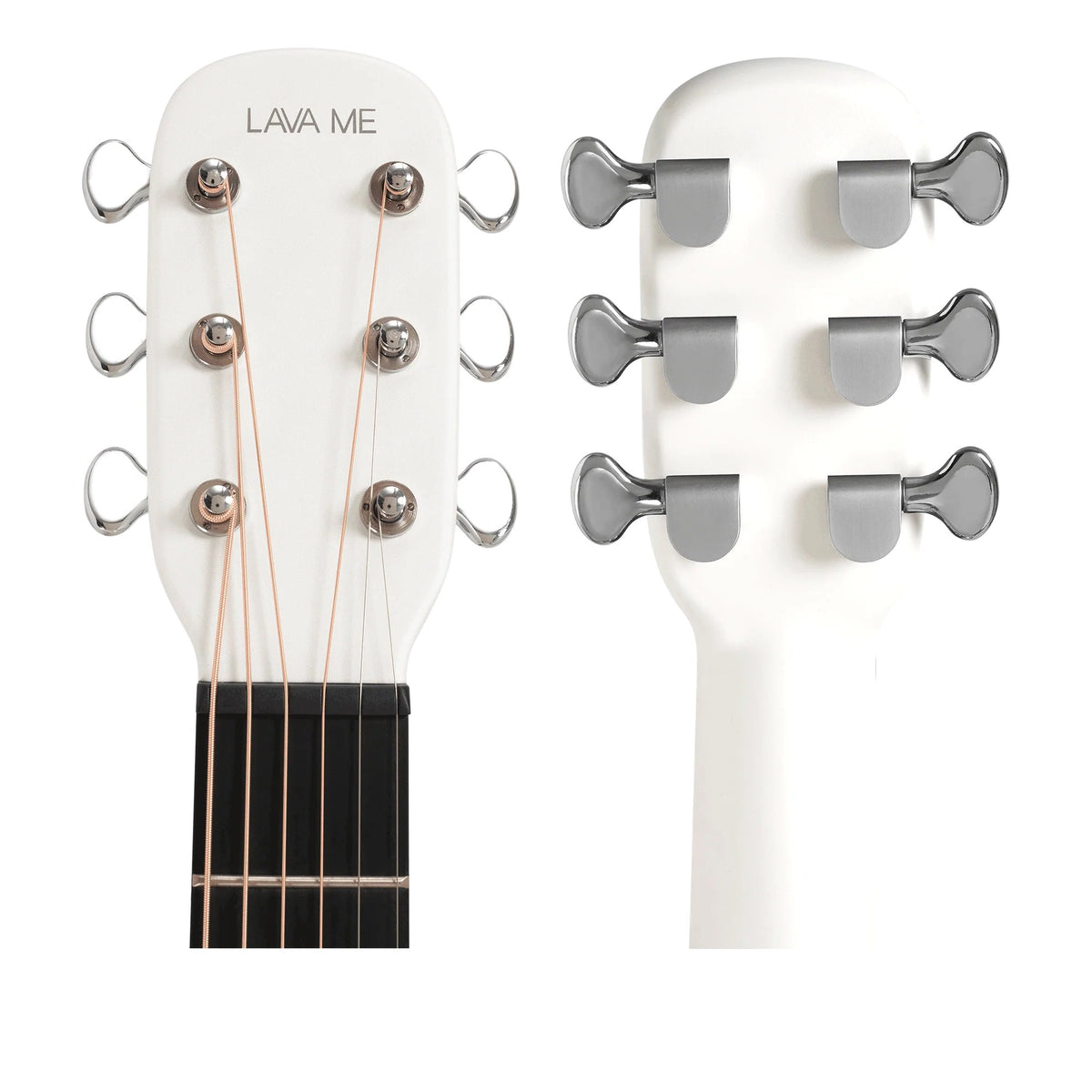 Đàn guitar acoustic thông minh Lava Me 3 màu White – cận đầu đàn và logo Lava