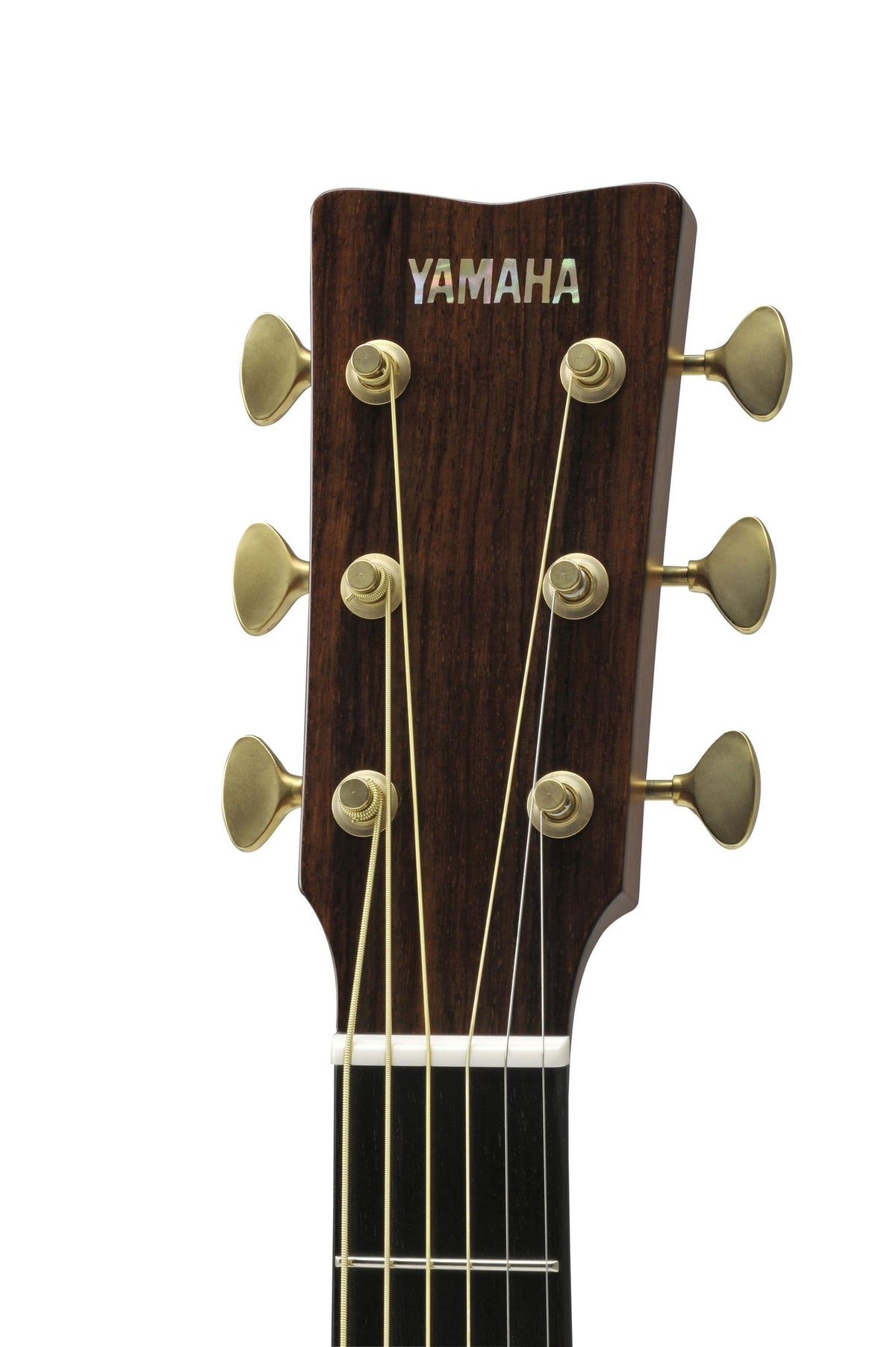 Đàn guitar acoustic Yamaha LJ26 ARE màu Natural – cận đầu đàn và logo Yamaha