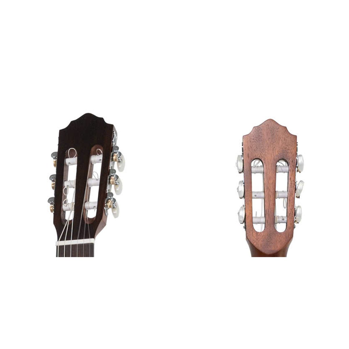 Đầu đàn guitar classic Saga C10MC với bộ khóa kiểu classic, nhìn từ mặt trước và mặt sau