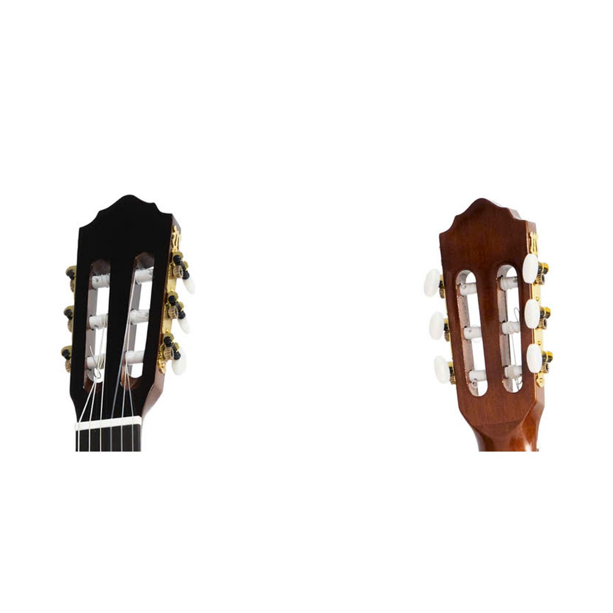 Đầu đàn guitar classic Saga C10S với bộ khóa kiểu classic, nhìn từ mặt trước và mặt sau