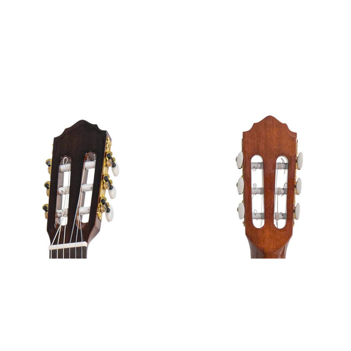 Đầu đàn guitar classic Saga C10SC với bộ khóa kiểu classic, nhìn từ mặt trước và mặt sau