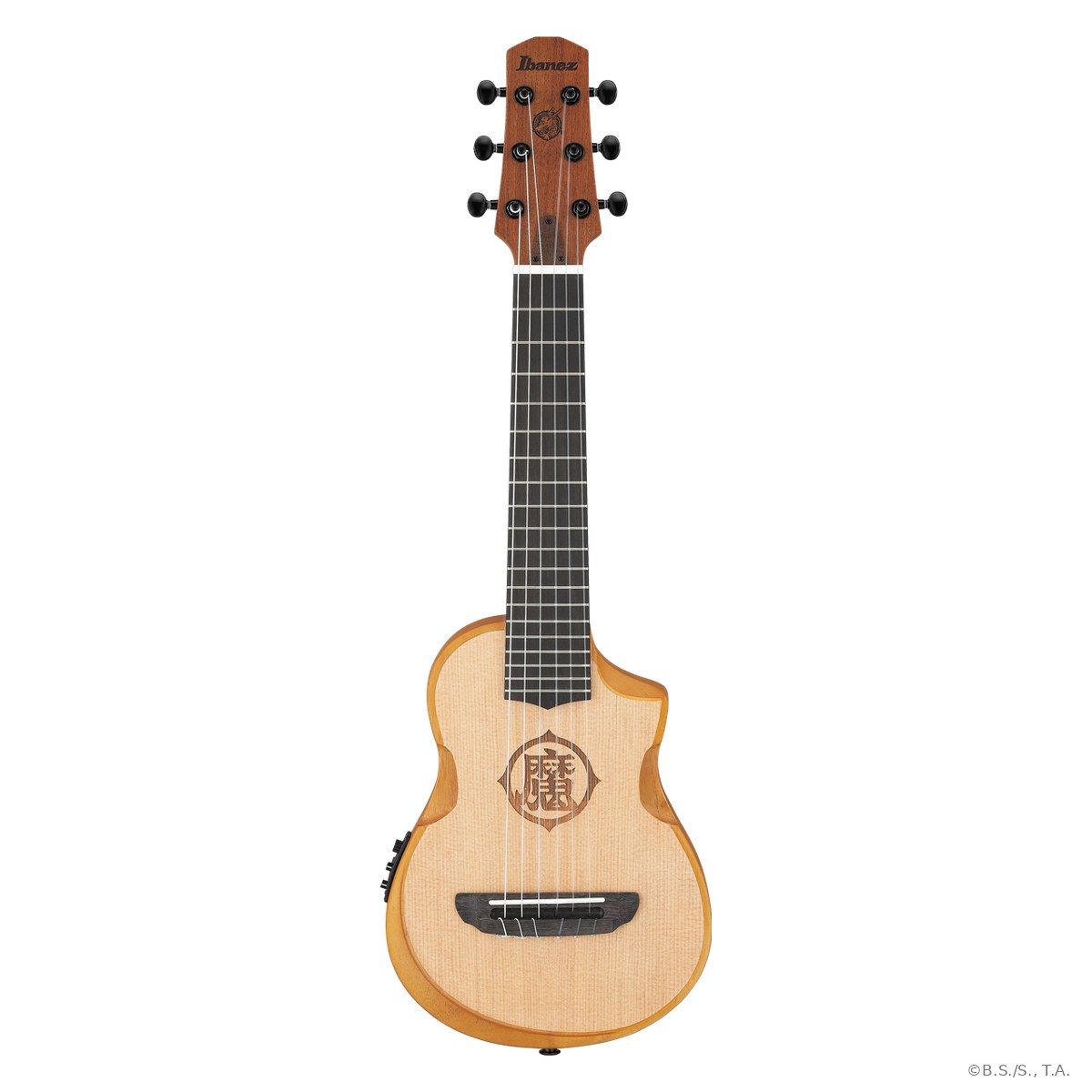 Đàn guitar classic piccolo Ibanez Dragon Ball Z mặt trước, biểu tượng 魔 của Picôlô khắc trên mặt gỗ