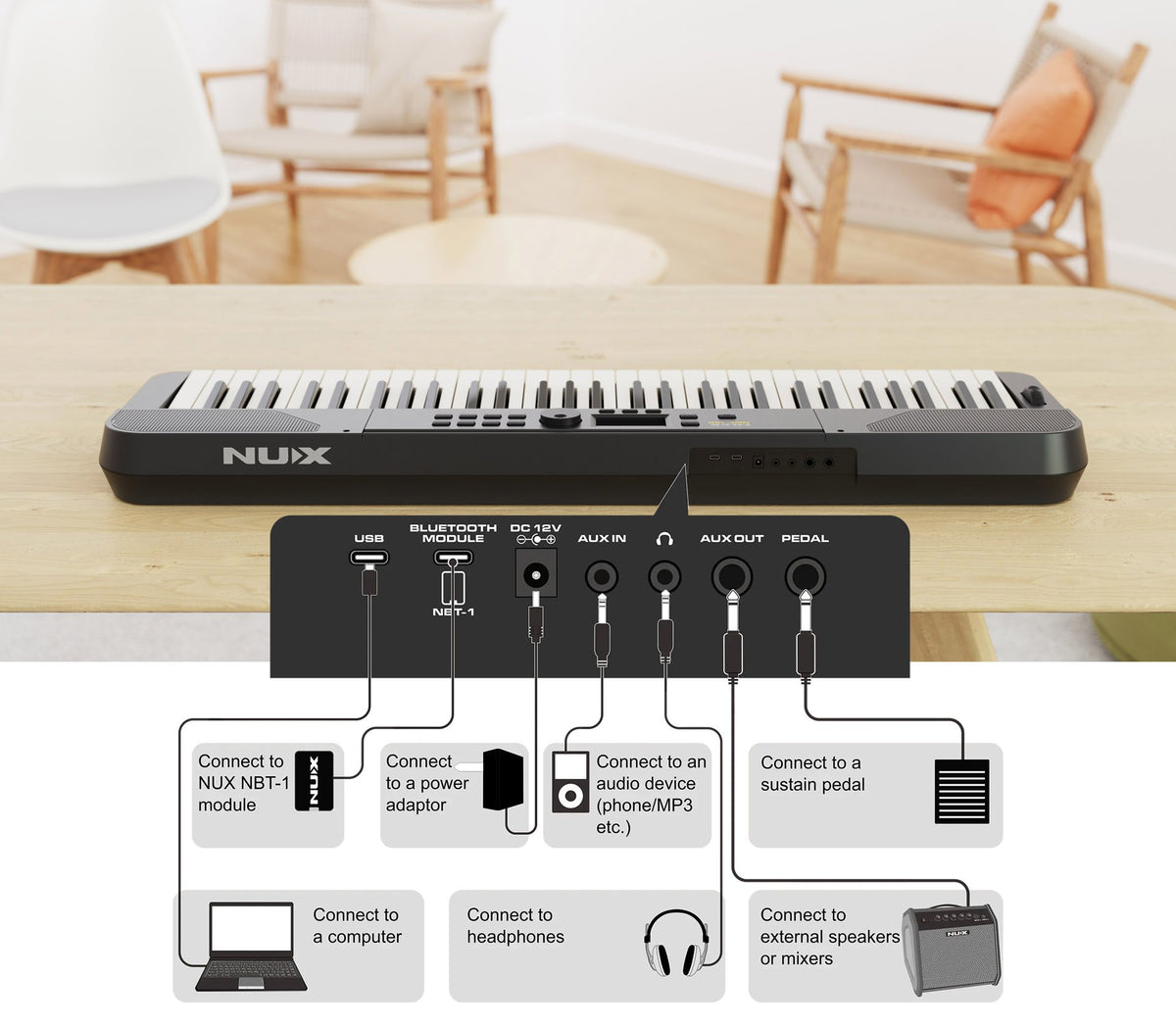 Đàn Organ Nux NEK100 Black - mặt sau, cổng kết nối (Đen)