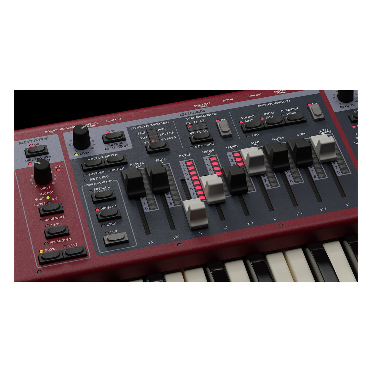 Khu vực Organ và Rotary của Nord Electro 7 với drawbar vật lý có đèn LED