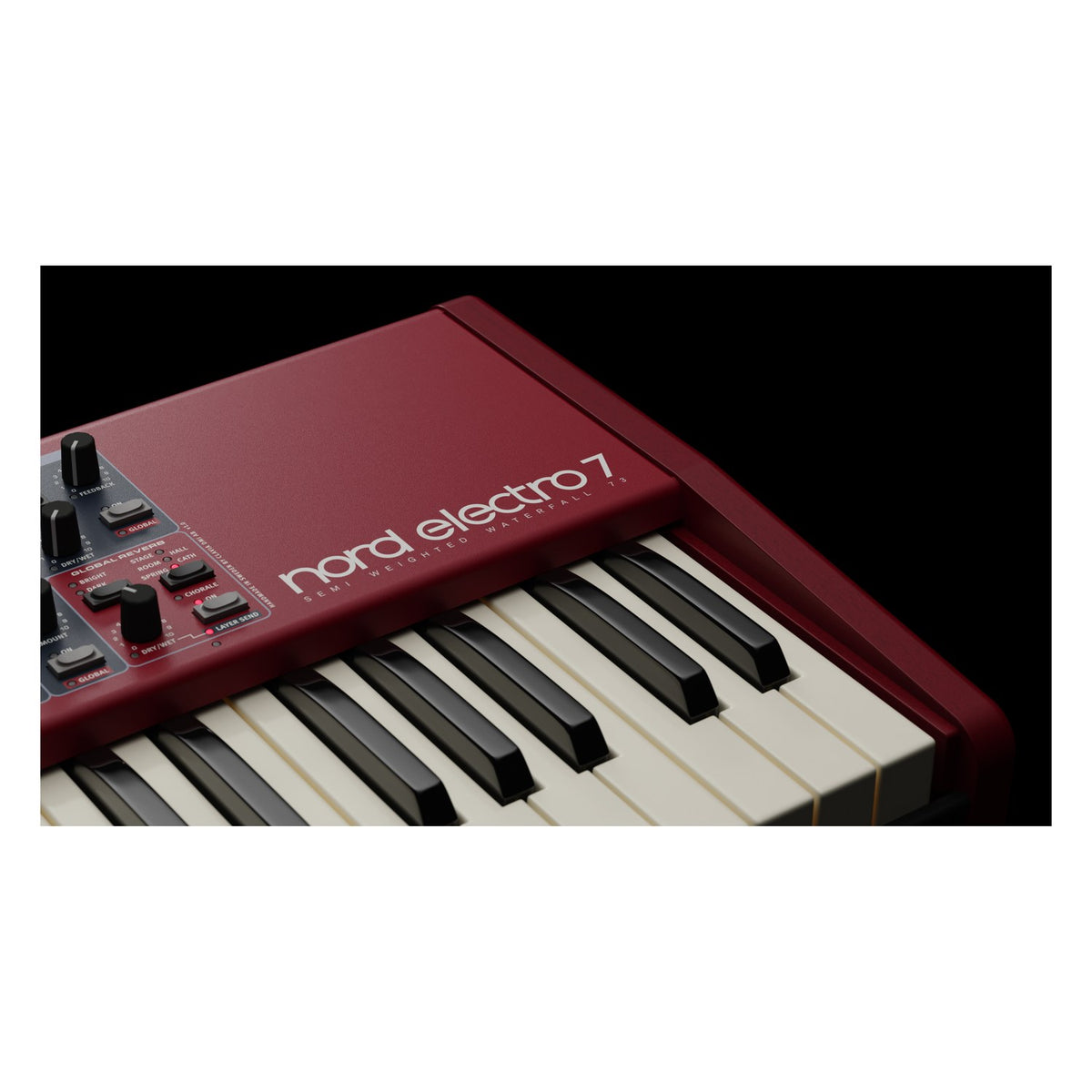 Logo Nord Electro 7 cận cảnh trên thân đàn màu đỏ