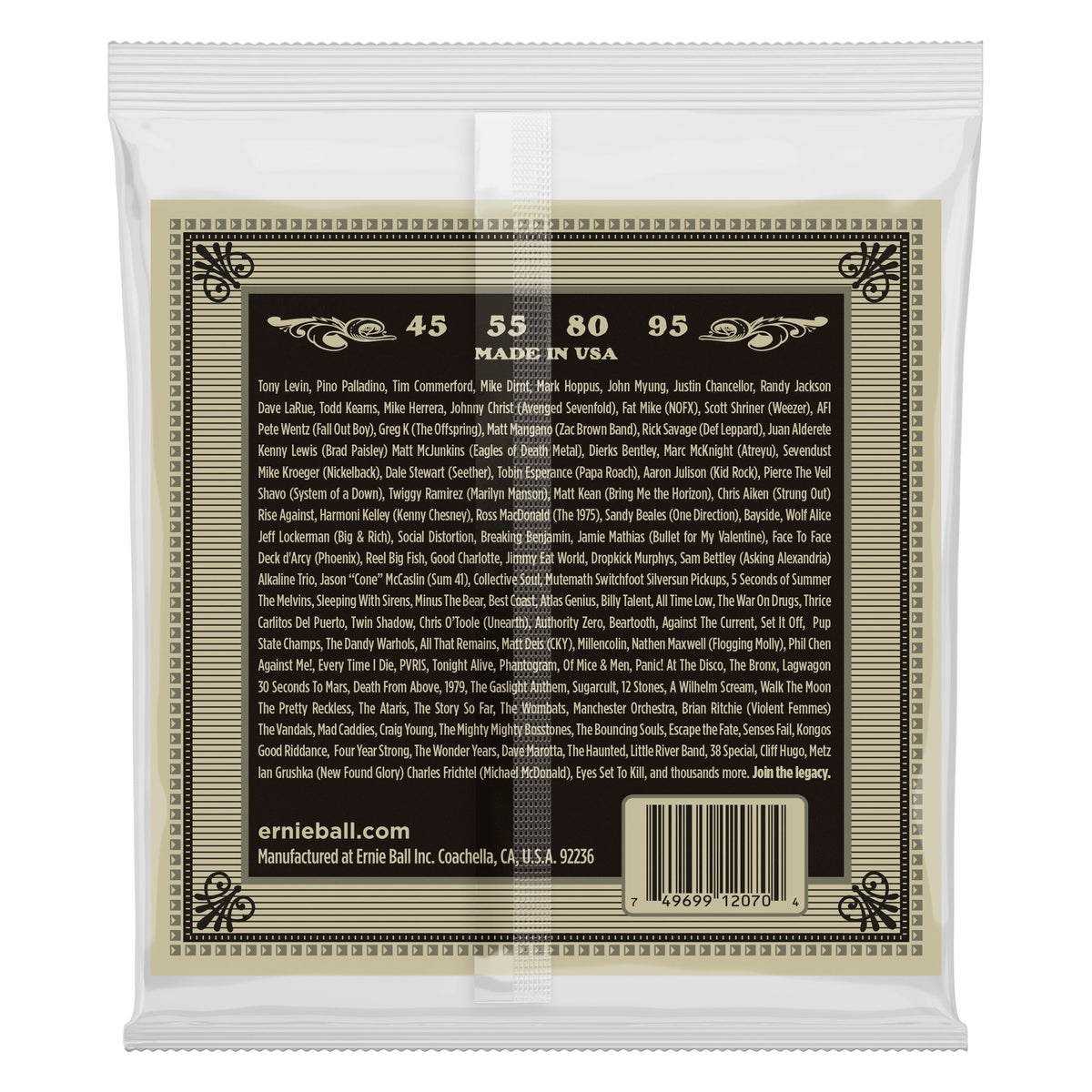 Mặt sau bao bì dây Ernie Ball 2070: mã vạch 749699120704