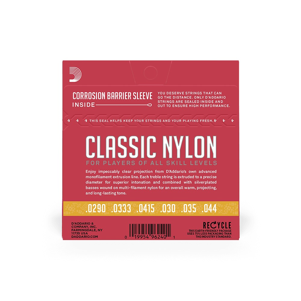 Mặt sau bao bì D'Addario EJ27N 3/4: cỡ từng dây, mã vạch UPC 019954061401