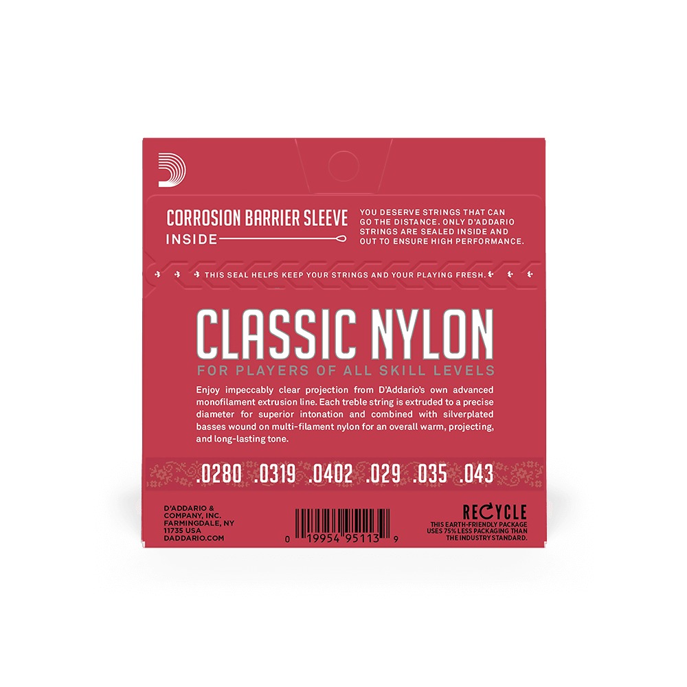 Mặt sau bao bì D'Addario EJ27N: cỡ từng dây, mã vạch UPC 019954951139