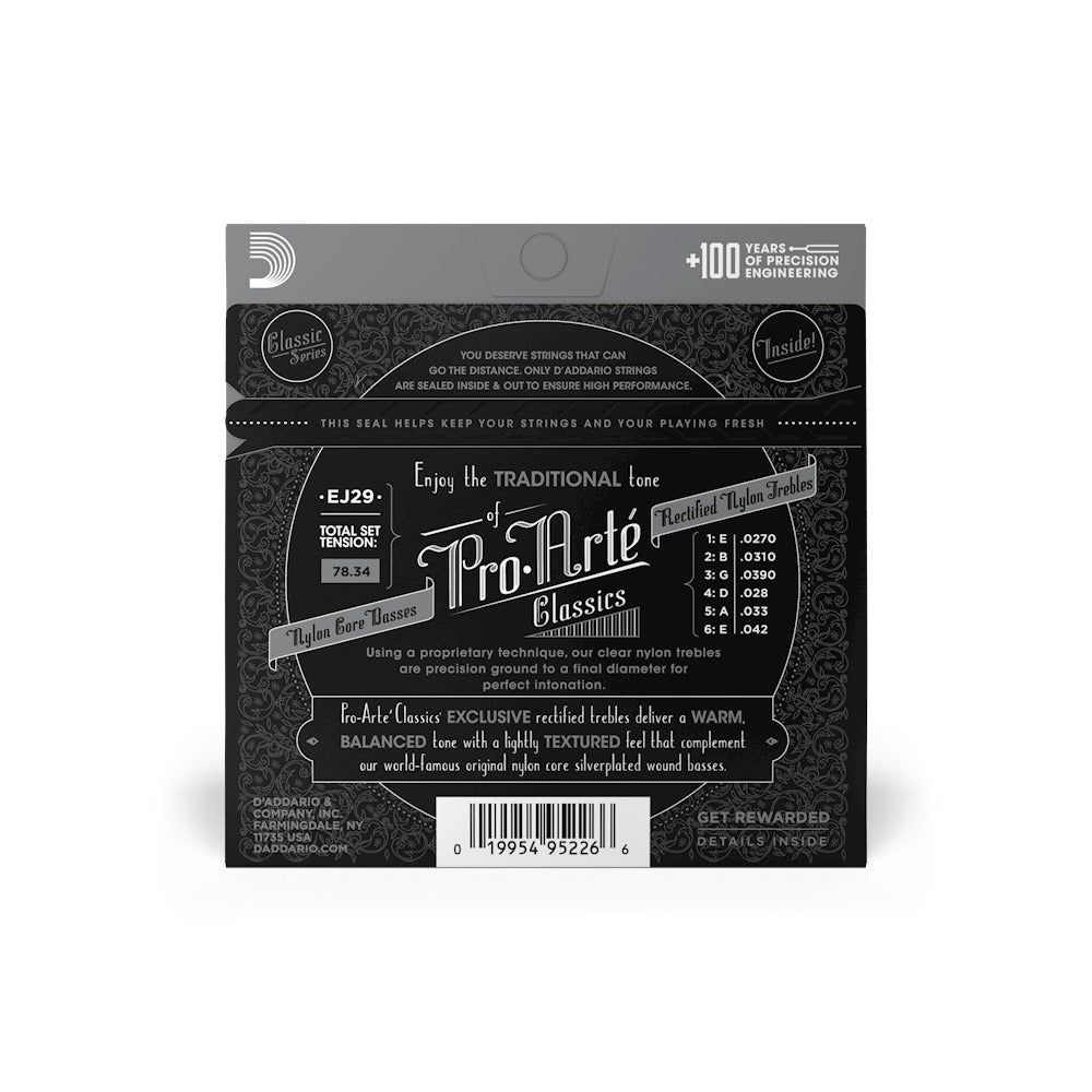 Mặt sau bao bì D'Addario EJ29: cỡ từng dây, mã vạch UPC 019954952266