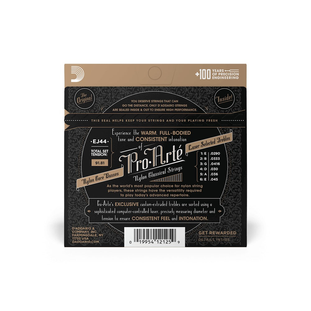 Mặt sau bao bì D'Addario EJ44: cỡ từng dây, mã vạch UPC 019954121259