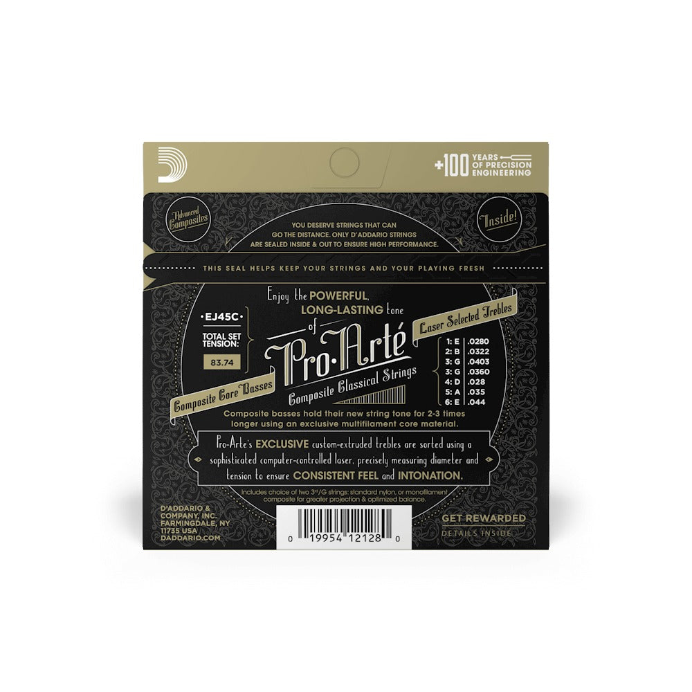 Mặt sau bao bì D'Addario EJ45C: cỡ từng dây, mã vạch UPC 019954121280