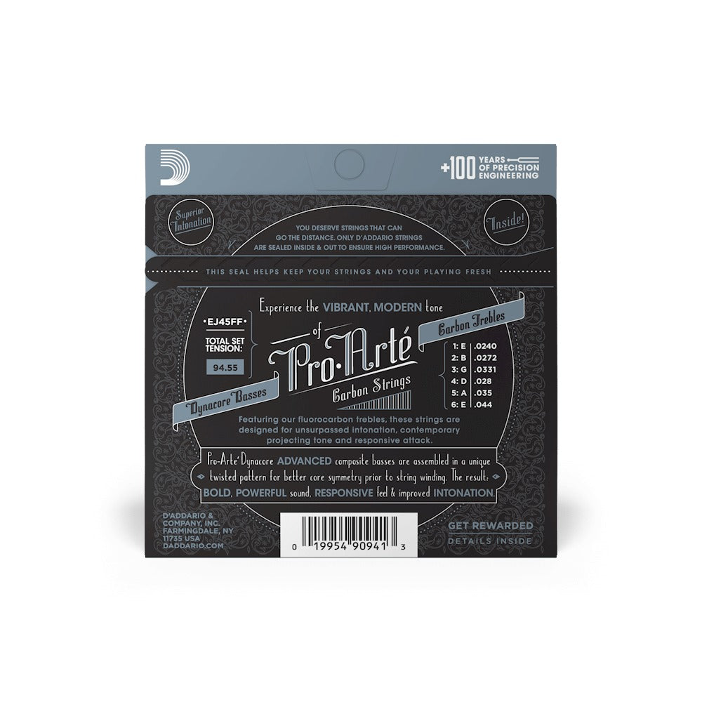 Mặt sau bao bì D'Addario EJ45FF: cỡ từng dây, mã vạch UPC 019954909413