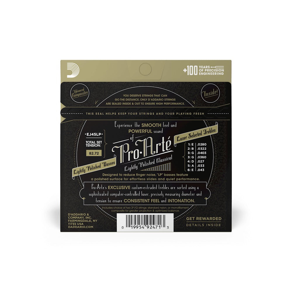 Mặt sau bao bì D'Addario EJ45LP: cỡ từng dây, mã vạch UPC 019954924713