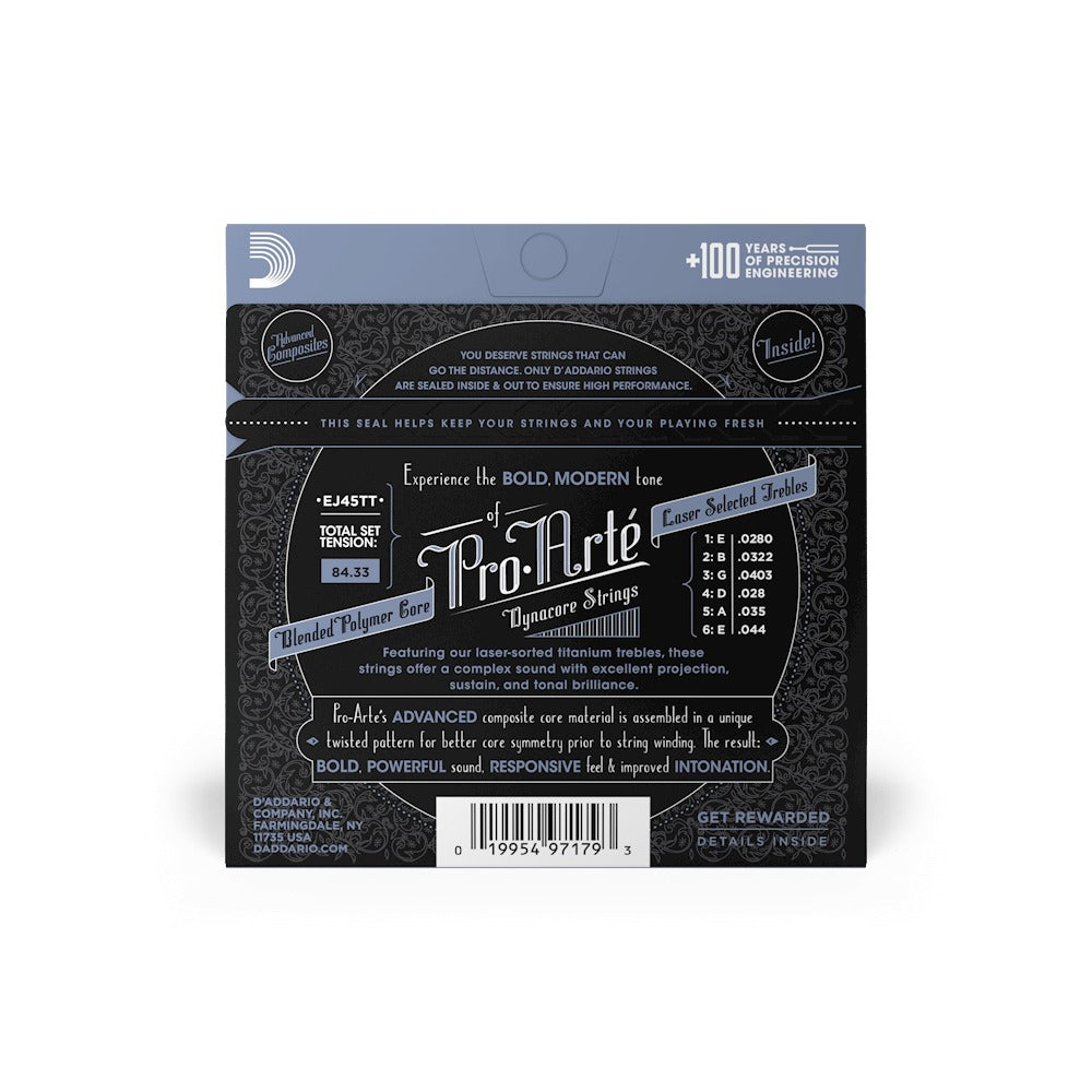 Mặt sau bao bì D'Addario EJ45TT: cỡ từng dây, mã vạch UPC 019954971793