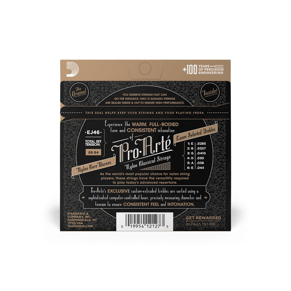 Mặt sau bao bì D'Addario EJ46: cỡ từng dây, mã vạch UPC 019954121273