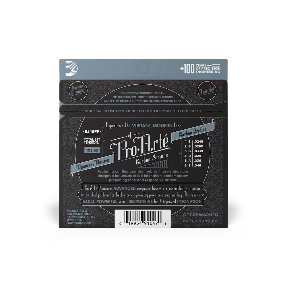 Mặt sau bao bì D'Addario EJ46FF: cỡ từng dây, mã vạch UPC 019954910471