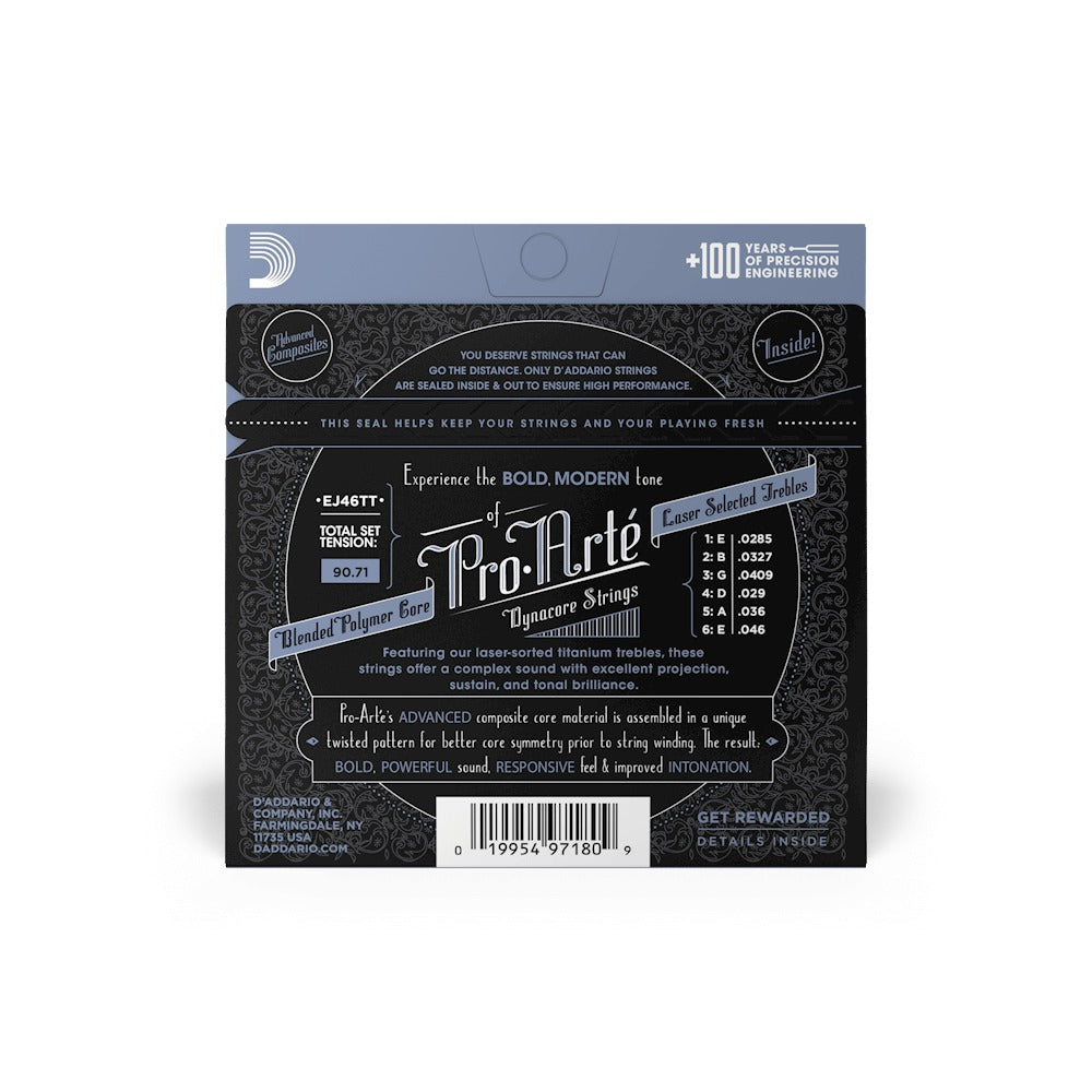 Mặt sau bao bì D'Addario EJ46TT: cỡ từng dây, mã vạch UPC 019954971809