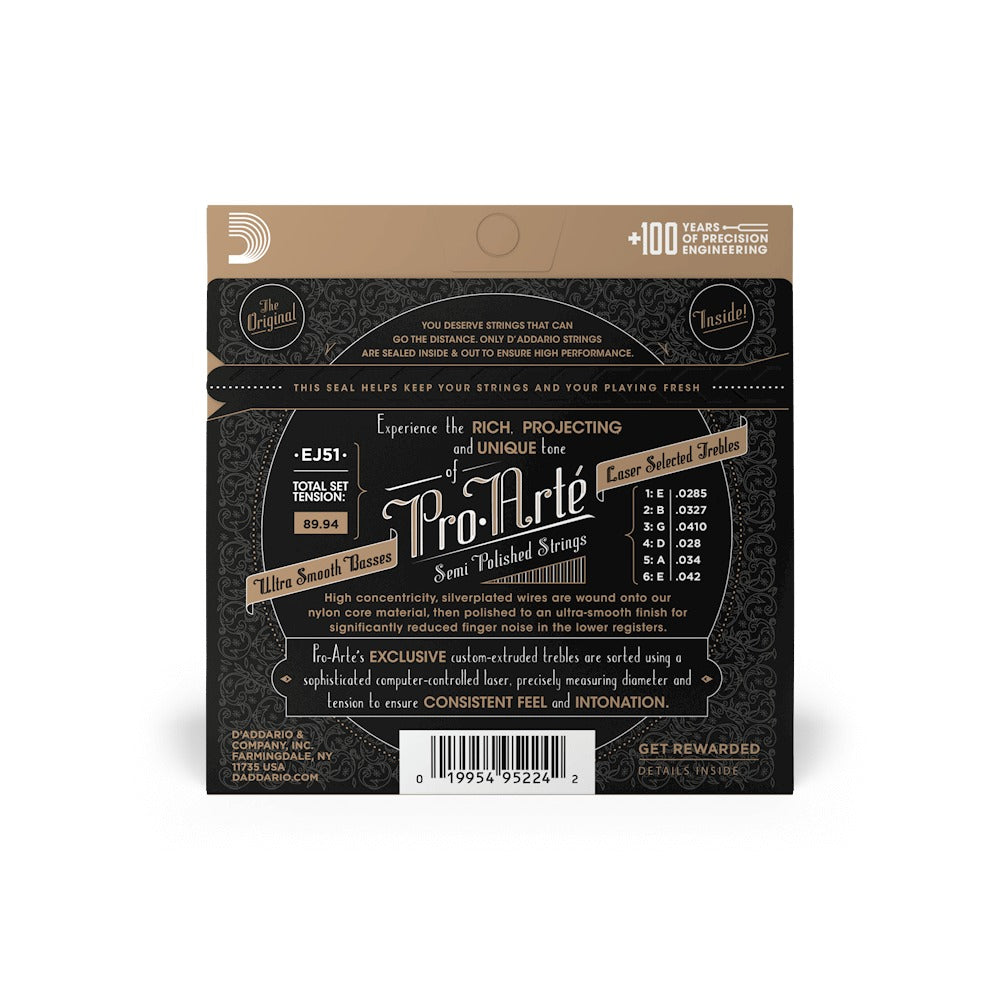 Mặt sau bao bì D'Addario EJ51: cỡ từng dây, mã vạch UPC 019954952242