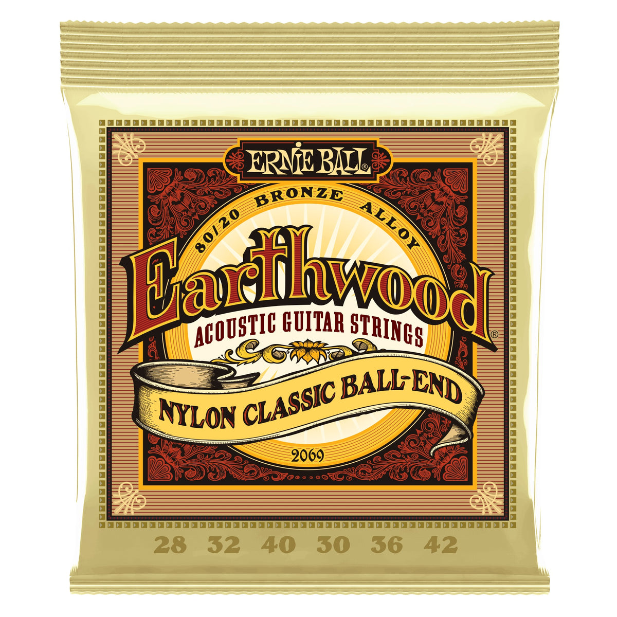 Dây Ernie Ball 2069 Earthwood 80/20 Bronze Folk Nylon Clear & Gold – bao bì mặt trước (mã P02069)