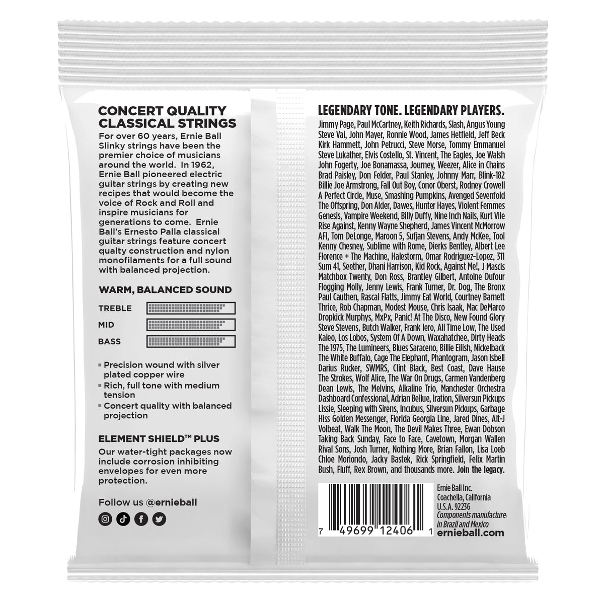 Mặt sau bao bì dây Ernie Ball 2406: đặc điểm, Element Shield Plus, mã vạch UPC 749699124061