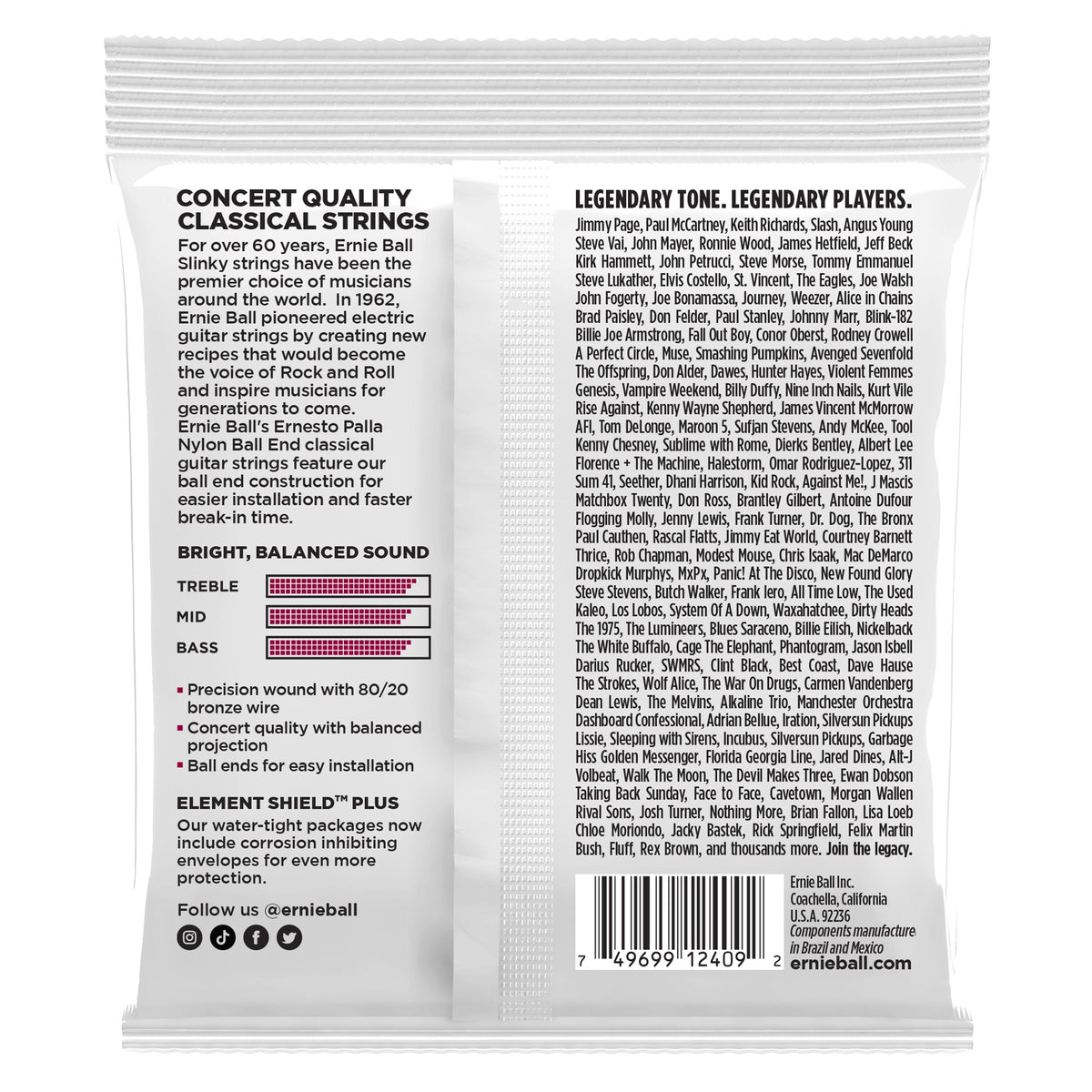 Mặt sau bao bì dây Ernie Ball 2409: đặc điểm, Element Shield Plus, mã vạch UPC 749699124092