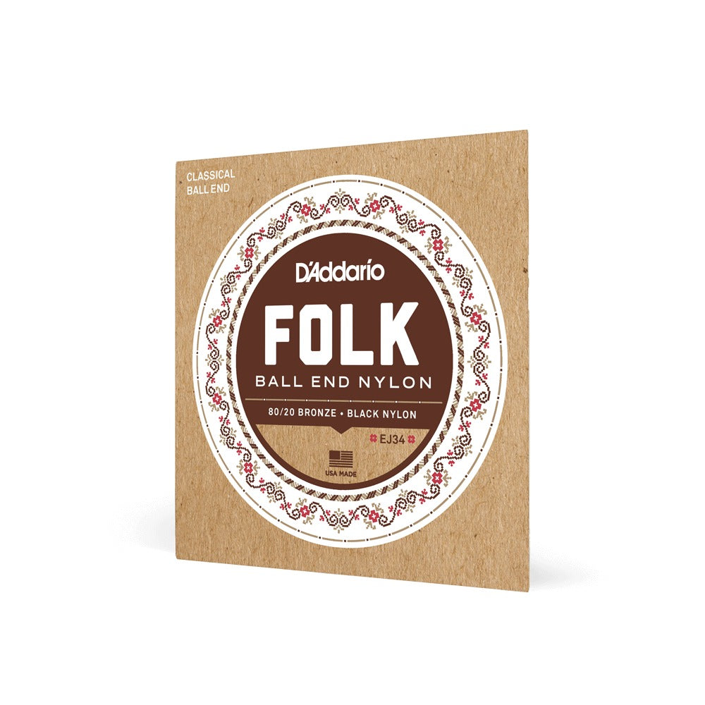 Dây D'Addario EJ34 Folk Nylon – bao bì mặt trước dây nylon đầu bi (Folk Nylon)