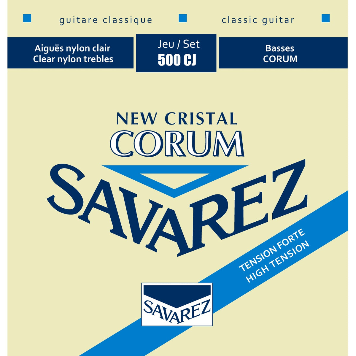 Dây Savarez 500CJ New Cristal Corum High Tension – bao bì mặt trước bộ dây đàn guitar classic