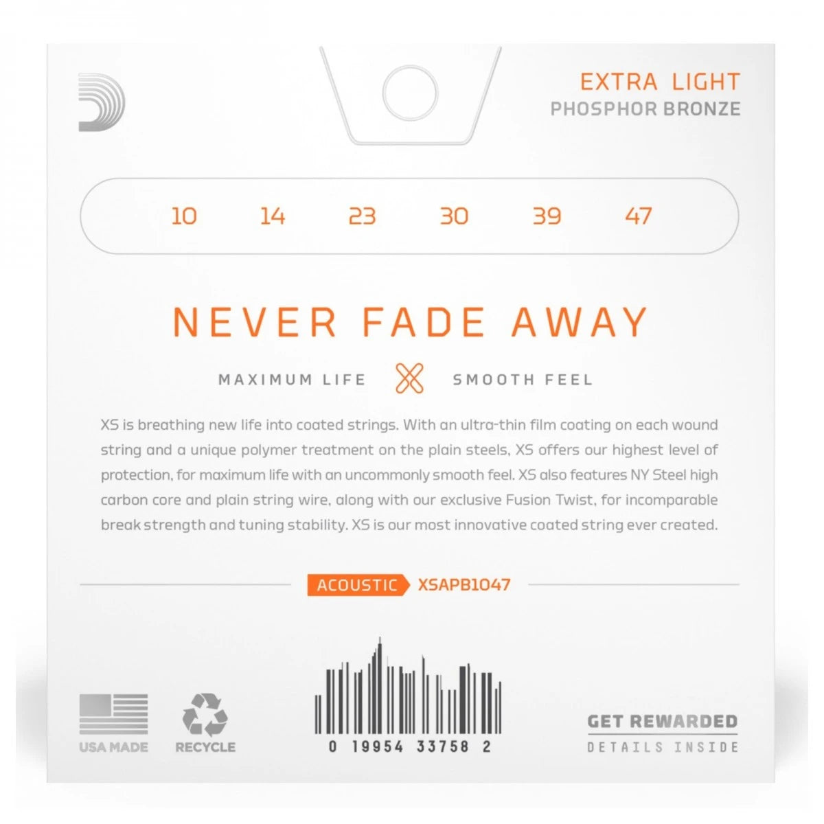 Dây Đàn Guitar Acoustic D'Addario XSAPB1047 (XS Phosphor Bronze, 10-47 Extra Light)