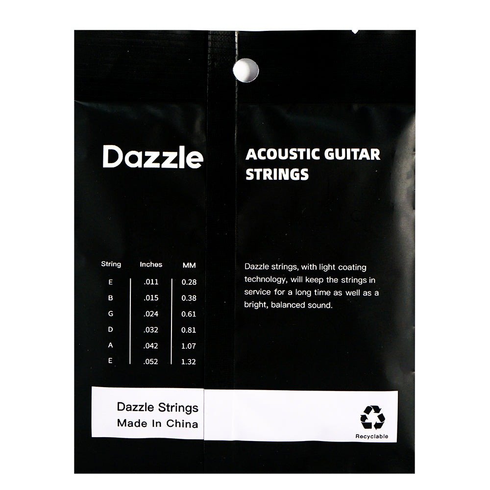 Mặt sau bao bì dây Dazzle B110 – bảng cỡ dây, Dazzle Strings Made In China