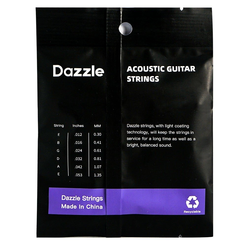 Mặt sau bao bì dây Dazzle B120 – bảng cỡ dây, Dazzle Strings Made In China