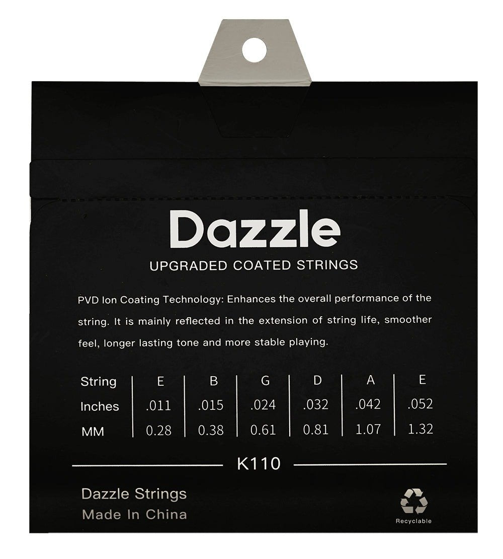 Mặt sau bao bì dây Dazzle K110 – bảng cỡ dây, Dazzle Strings Made In China