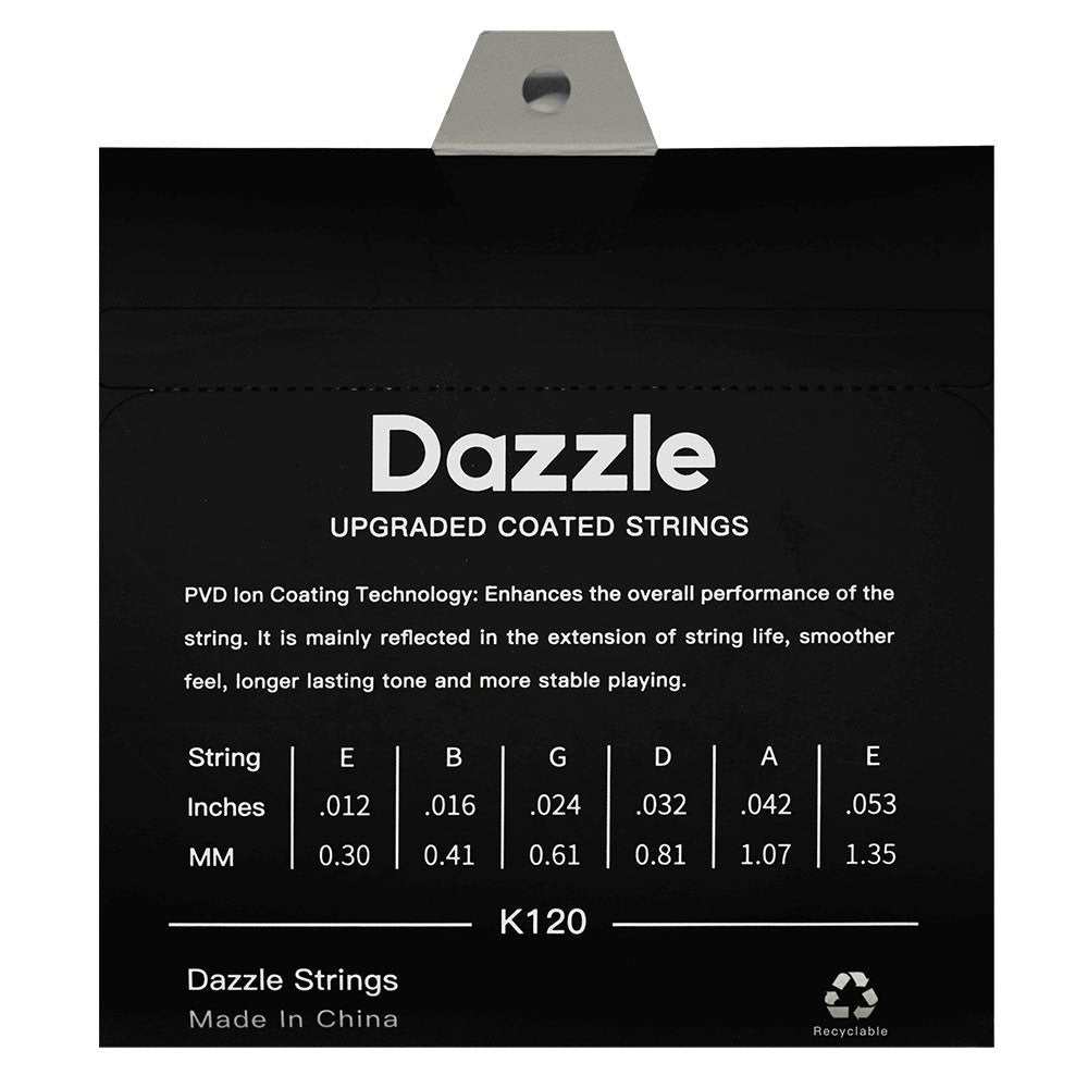 Mặt sau bao bì dây Dazzle K120 – bảng cỡ dây, Dazzle Strings Made In China