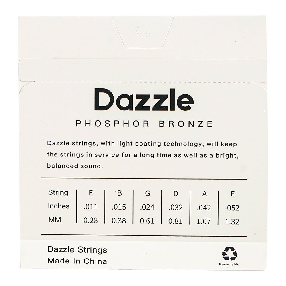 Mặt sau bao bì dây Dazzle P110 – bảng cỡ dây, Dazzle Strings Made In China