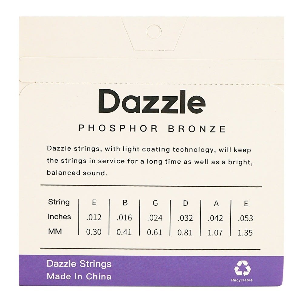 Mặt sau bao bì dây Dazzle P120 – bảng cỡ dây, Dazzle Strings Made In China